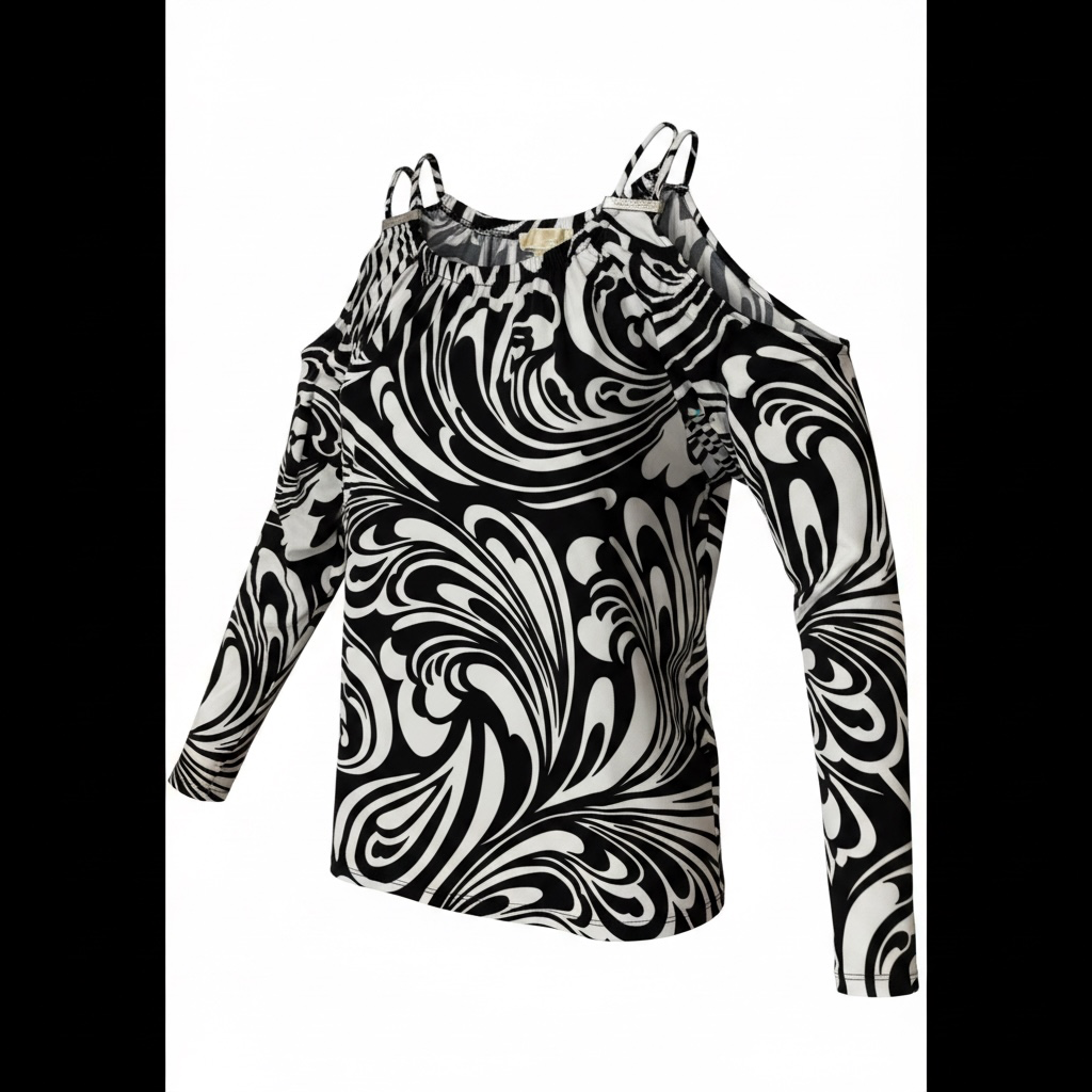 Michael Kors Black and White Swirl Print Cold Shoulder Long Sleeve Top 3