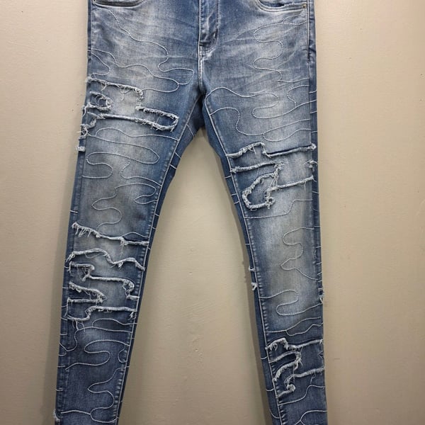 Embellish NYC Men's Distressed Slim Fit Jeans with Stitched Wave Detailing