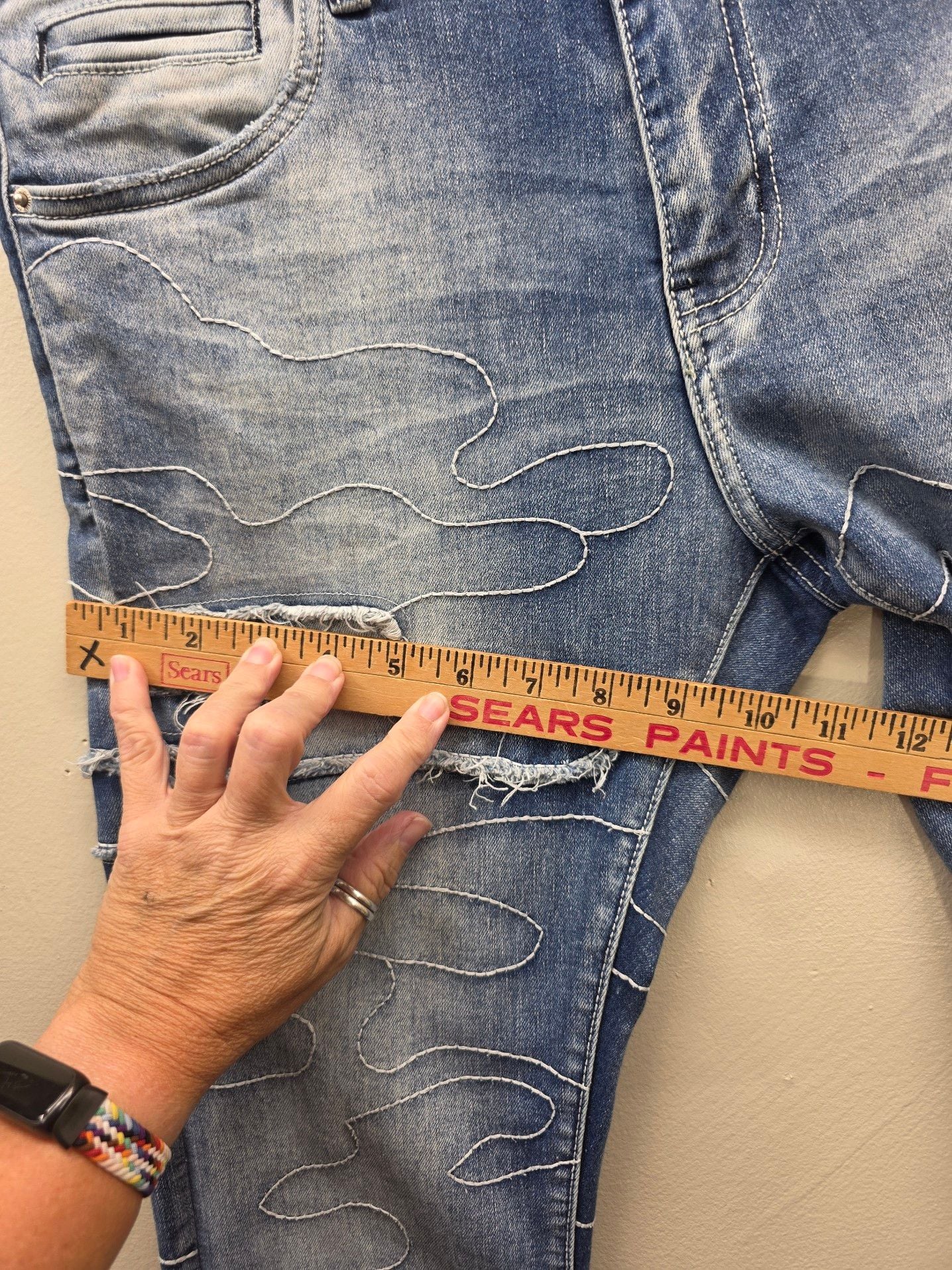 Embellish NYC Men's Distressed Slim Fit Jeans with Stitched Wave Detailing 8