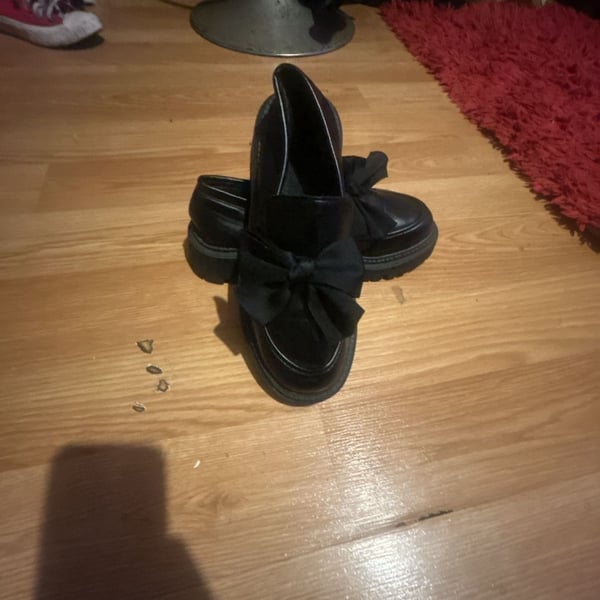 Women's Black Patent Leather Chunky Platform Loafers with Satin Bow
