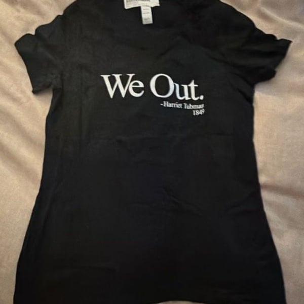 District Made Ladies V-Neck We Out. Harriet Tubman 1849 Graphic T-Shirt