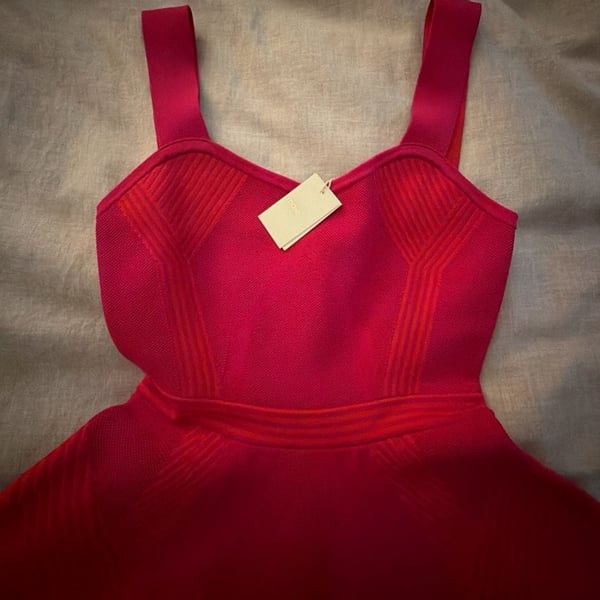 MAJE Knit Sporty-Couture Dress Hot Pink Skater Dress With Wide Strap Slimming