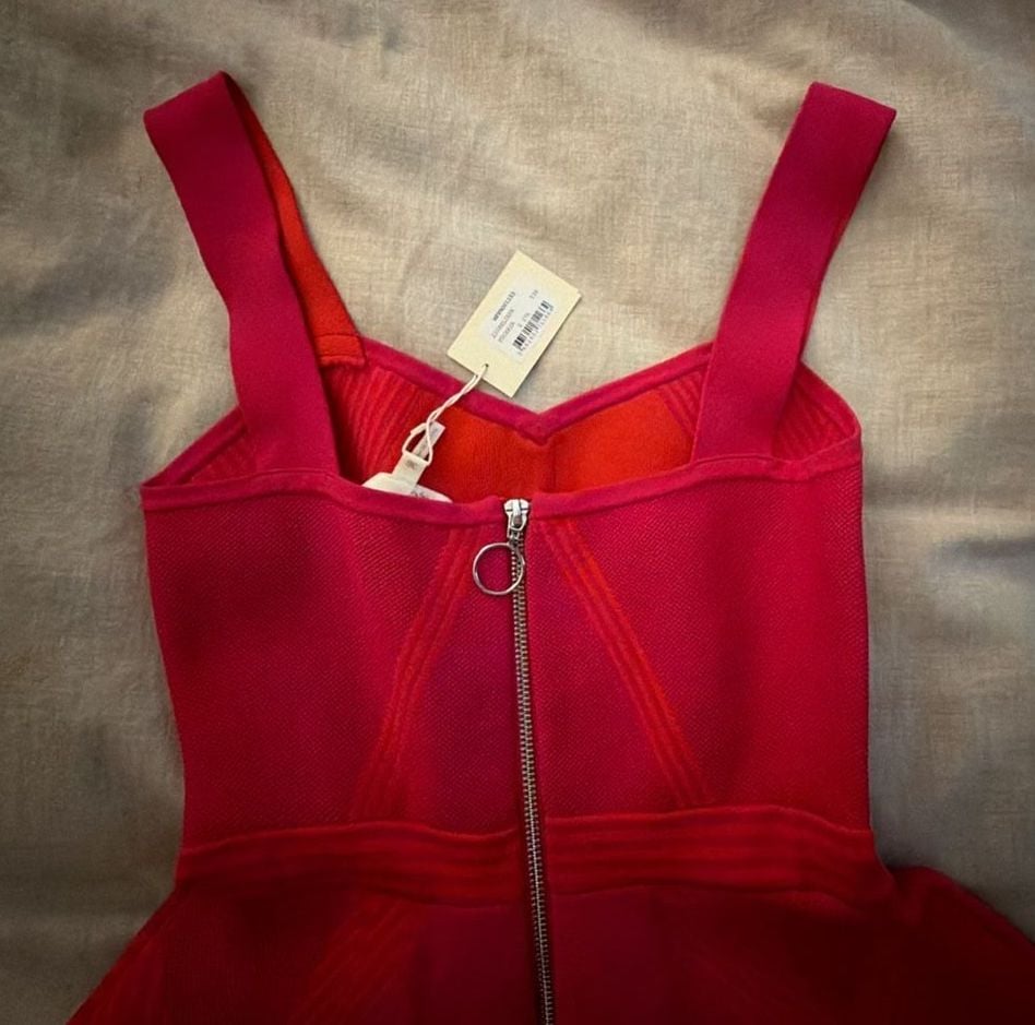 MAJE Knit Sporty-Couture Dress Hot Pink Skater Dress With Wide Strap Slimming 4