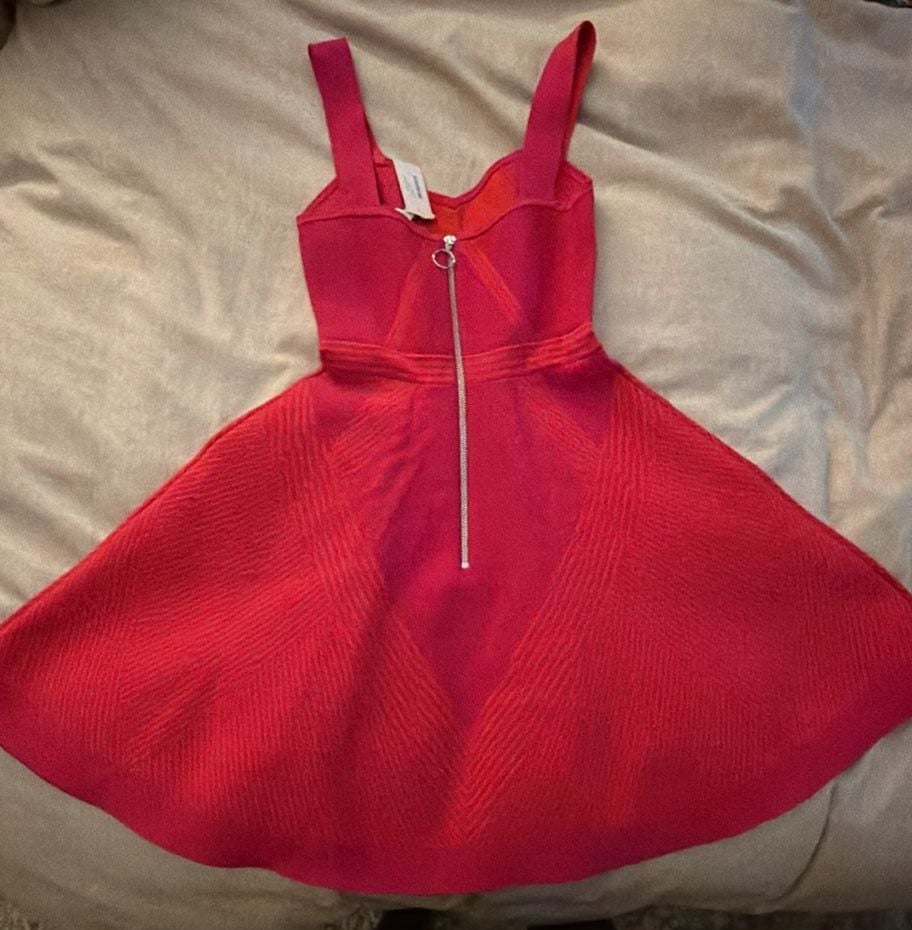 MAJE Knit Sporty-Couture Dress Hot Pink Skater Dress With Wide Strap Slimming 5