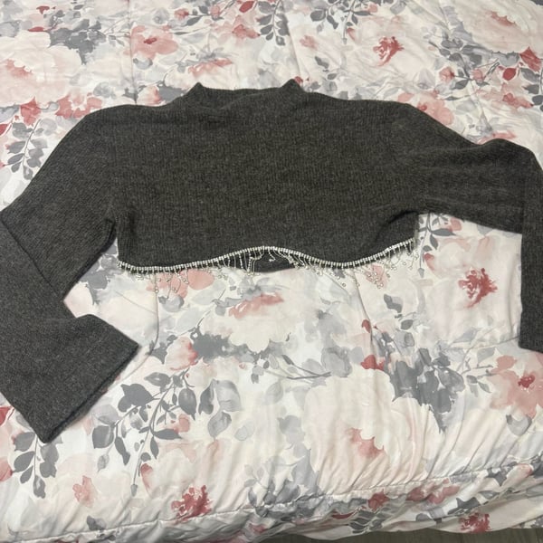 Zara Grey Soft Knit Cropped Sweater with Rhinestone Fringe Hem