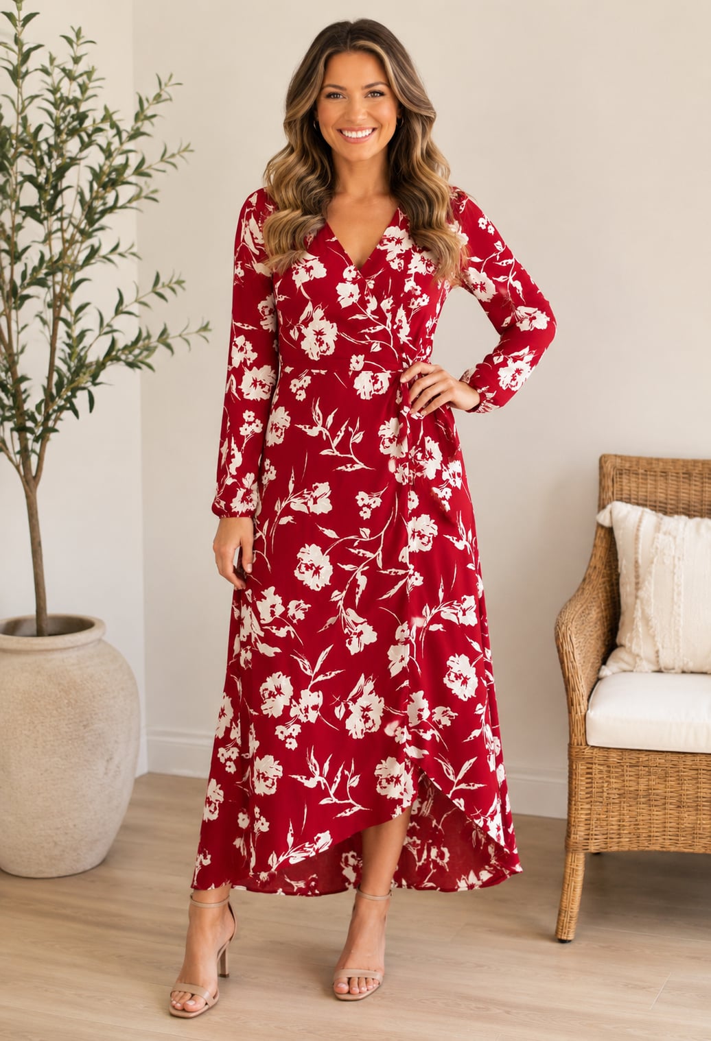 LUSH Red Floral Faux Wrap Midi Dress Long Sleeve Lined Women’s Size Small 2