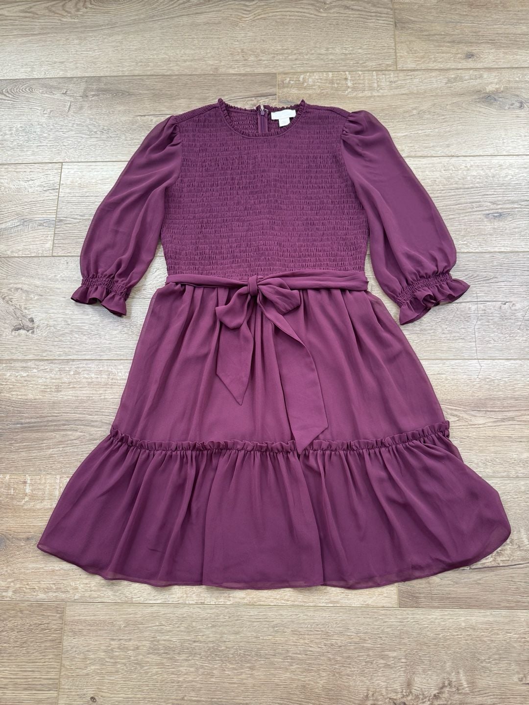 Rachel Parcell Burgundy Smocked Long Sleeve Tie Waist Mini Dress Large 3