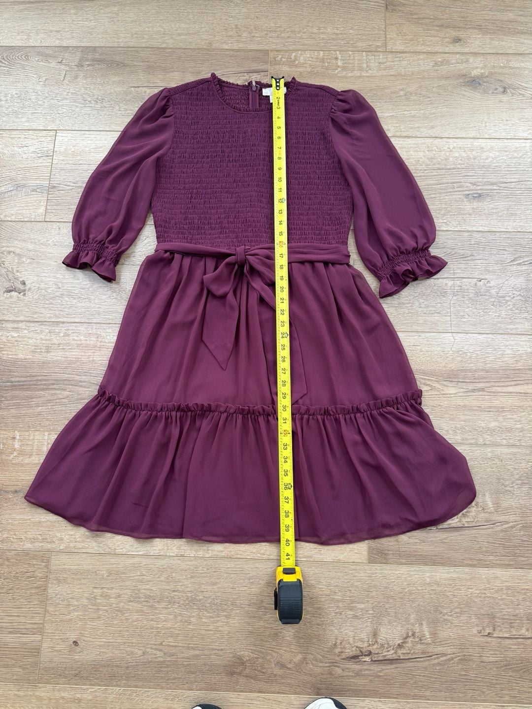 Rachel Parcell Burgundy Smocked Long Sleeve Tie Waist Mini Dress Large 5