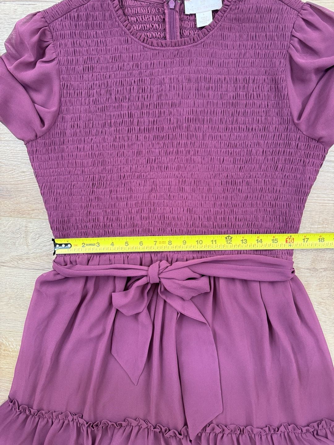 Rachel Parcell Burgundy Smocked Long Sleeve Tie Waist Mini Dress Large 8
