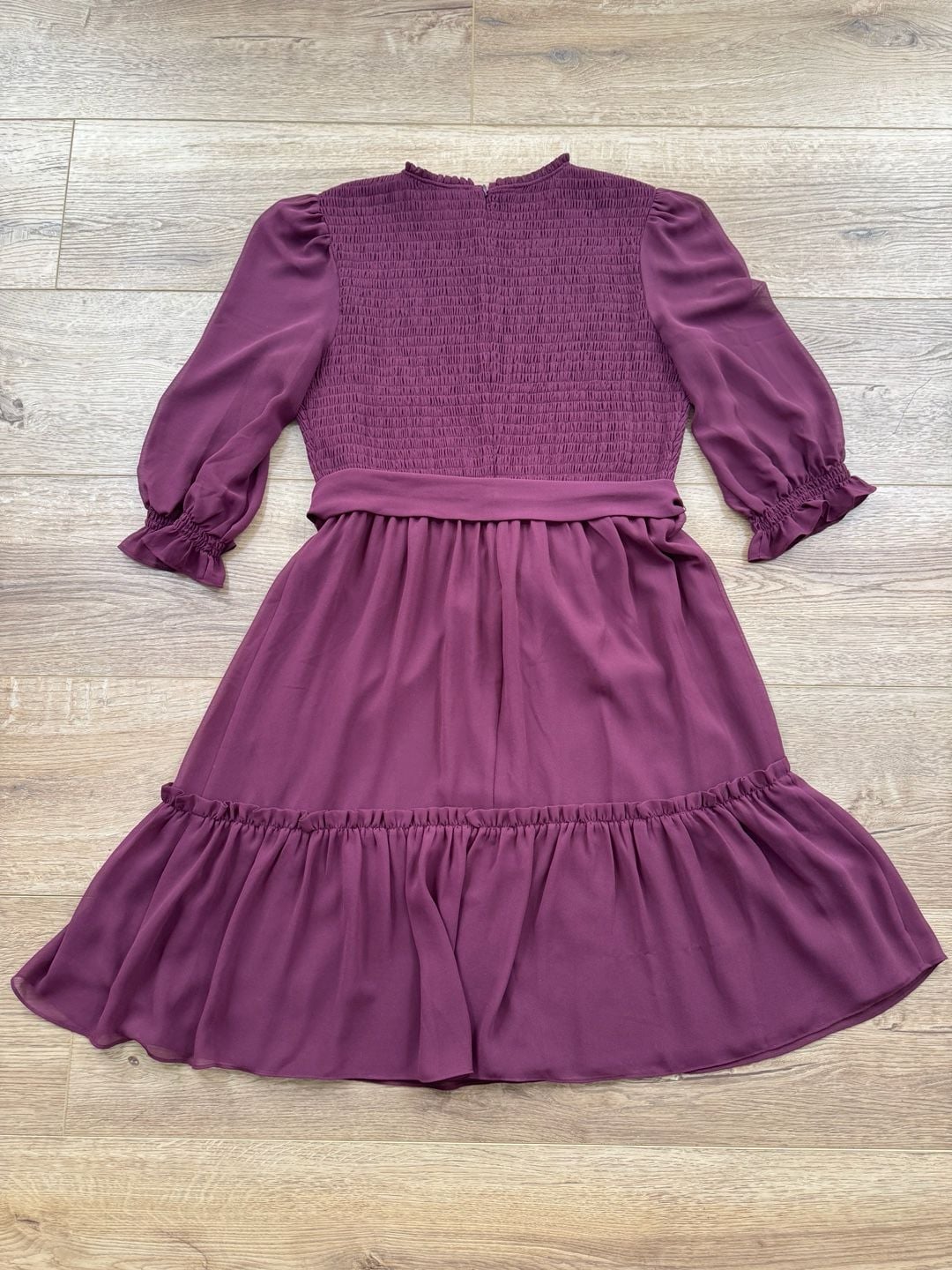 Rachel Parcell Burgundy Smocked Long Sleeve Tie Waist Mini Dress Large 13