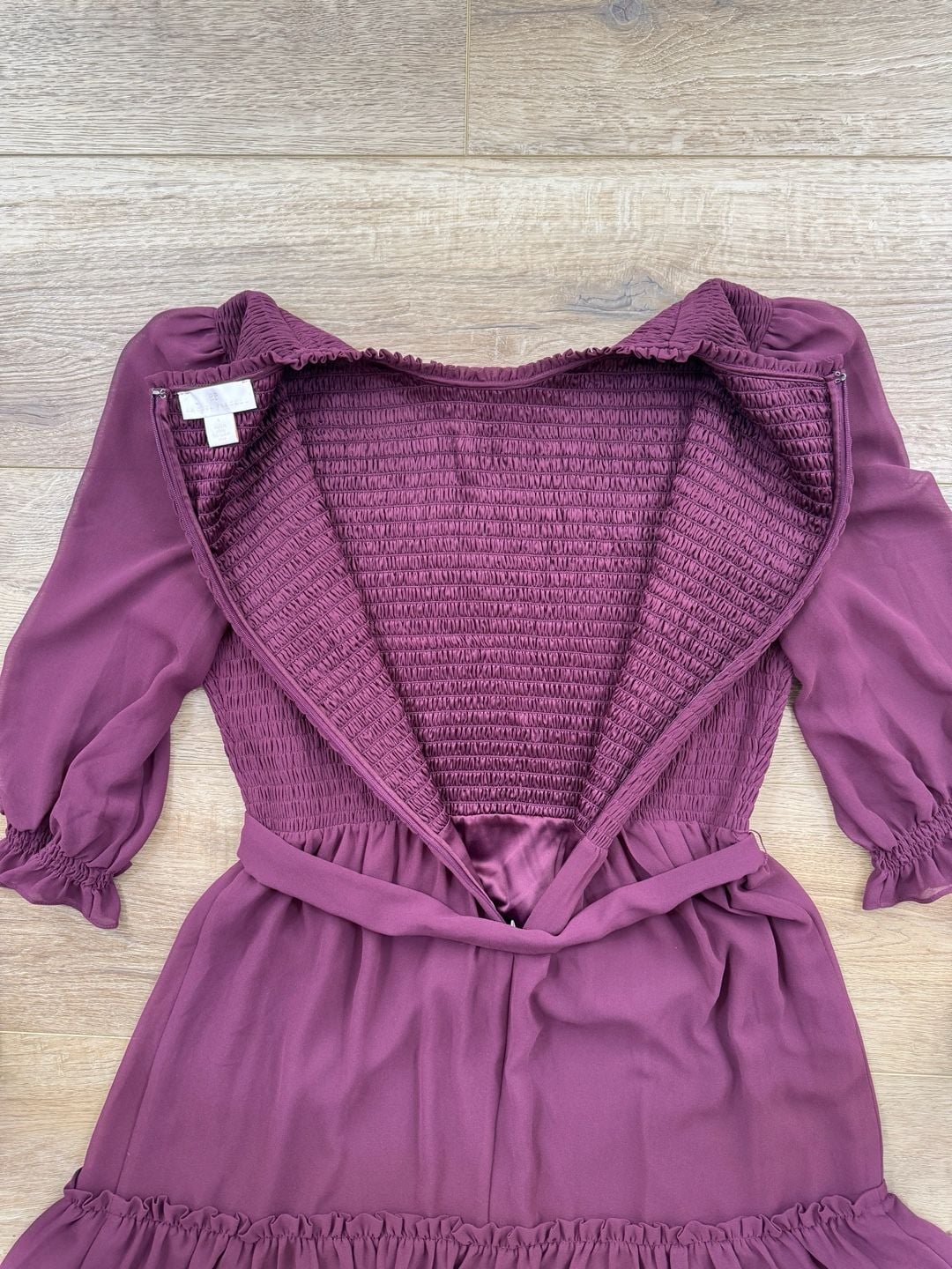 Rachel Parcell Burgundy Smocked Long Sleeve Tie Waist Mini Dress Large 14