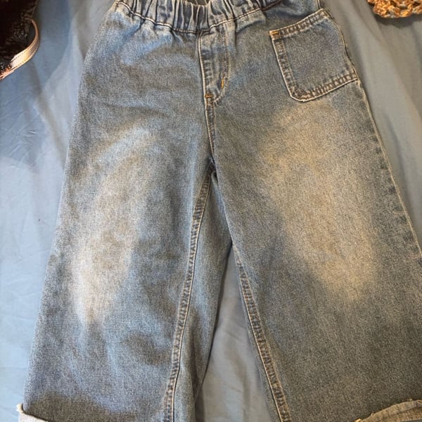 SHEIN Girls Frayed Hem Wide Leg Elastic Waist Denim Jeans