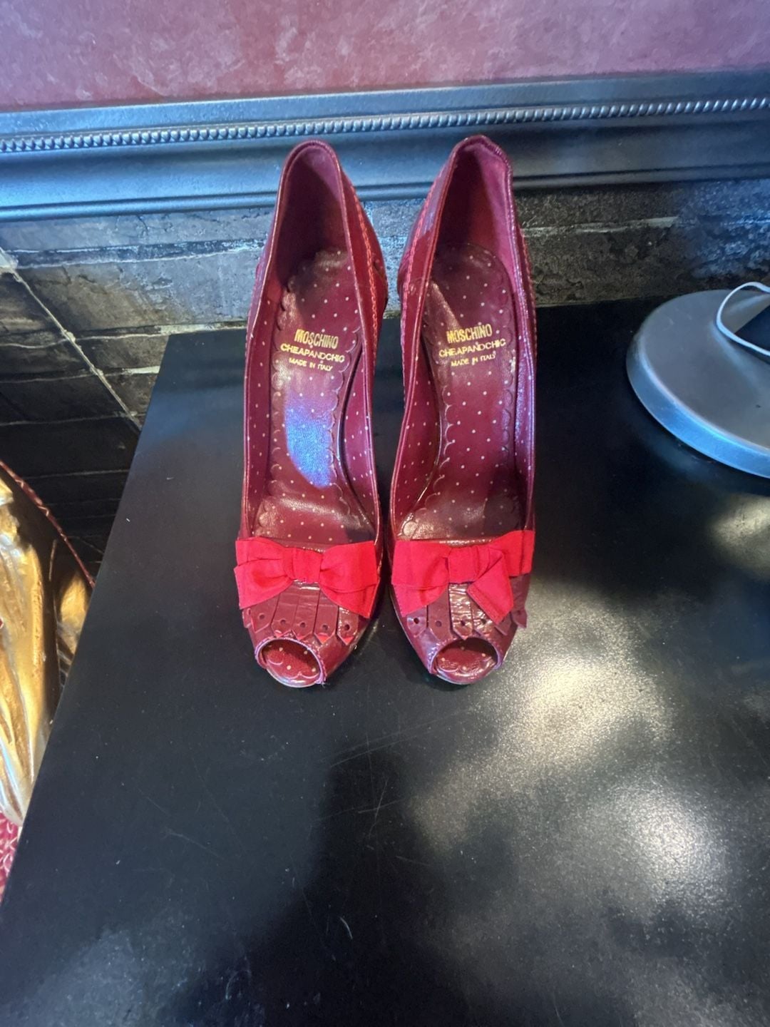 Moschino Cheap and Chic Red Patent Leather Peep Toe Bow Wedge Pumps 2