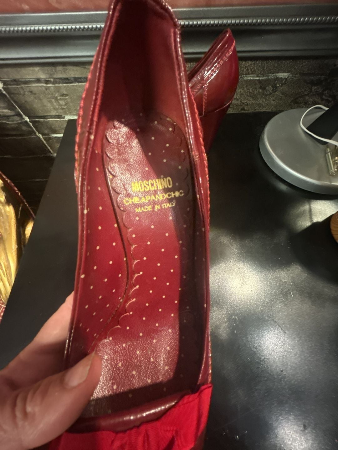 Moschino Cheap and Chic Red Patent Leather Peep Toe Bow Wedge Pumps 4