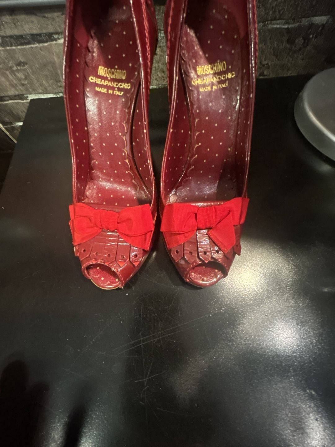 Moschino Cheap and Chic Red Patent Leather Peep Toe Bow Wedge Pumps 6