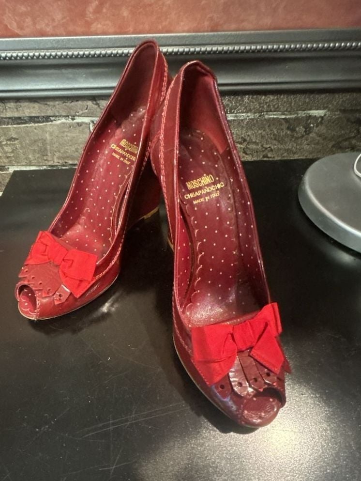 Moschino Cheap and Chic Red Patent Leather Peep Toe Bow Wedge Pumps 1