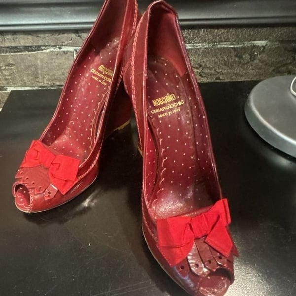 Moschino Cheap and Chic Red Patent Leather Peep Toe Bow Wedge Pumps