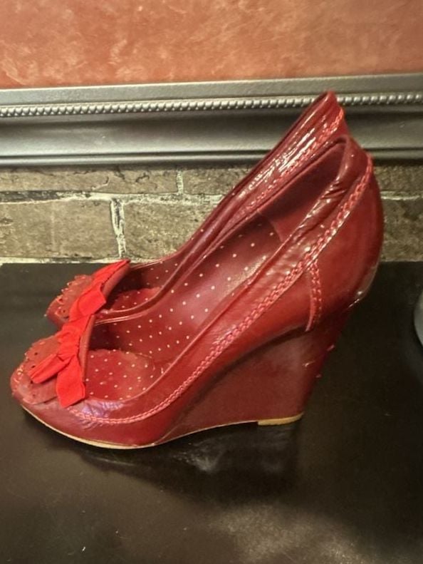 Moschino Cheap and Chic Red Patent Leather Peep Toe Bow Wedge Pumps 3