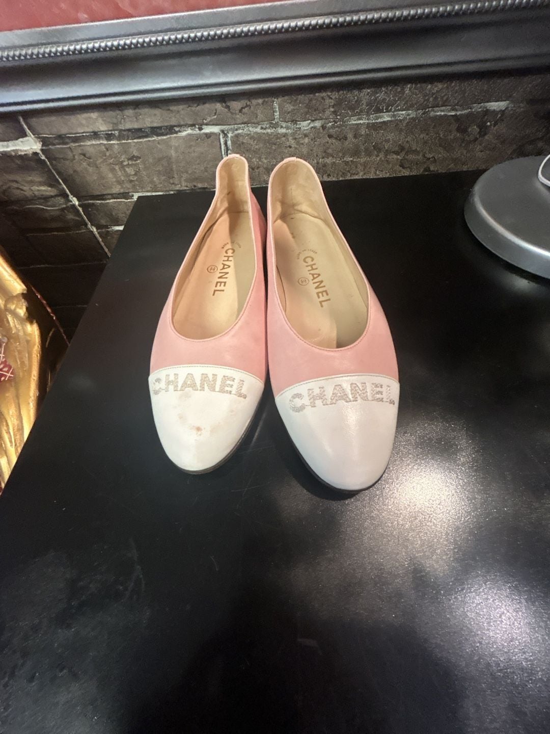 Chanel Vintage Pink and White Leather Logo Cap-Toe Ballet Flats 2