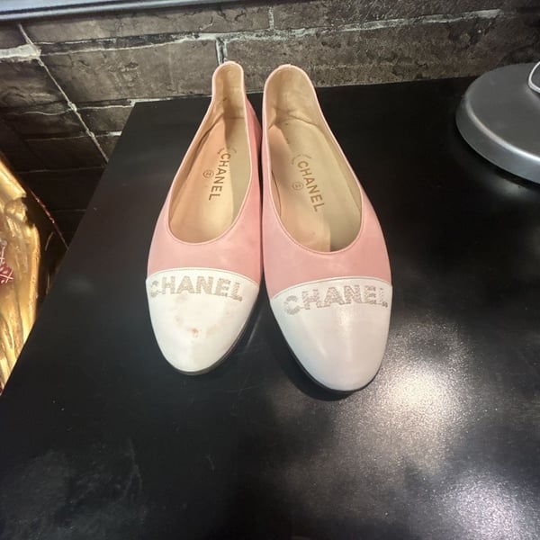 Chanel Vintage Pink and White Leather Logo Cap-Toe Ballet Flats