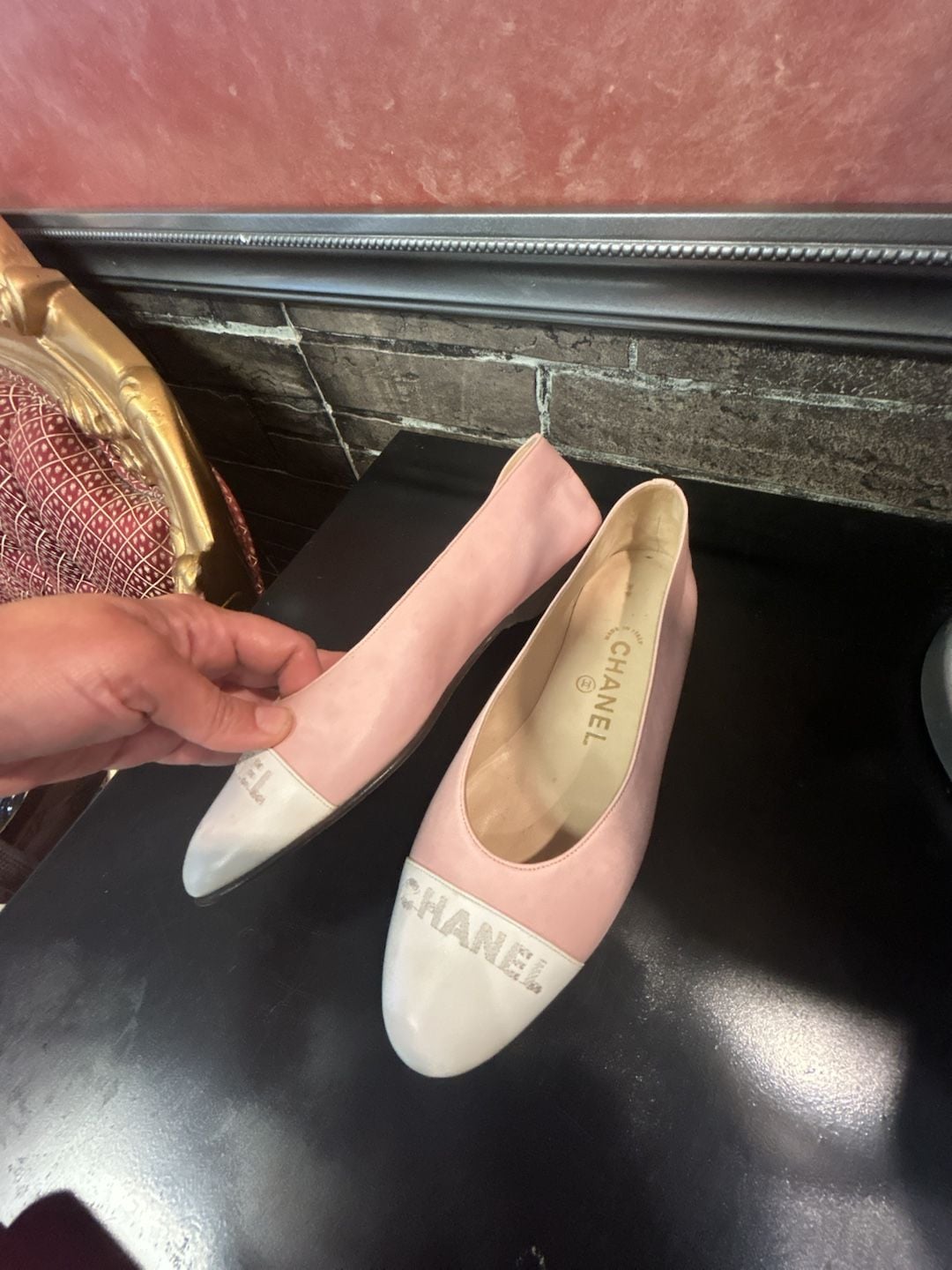 Chanel Vintage Pink and White Leather Logo Cap-Toe Ballet Flats 5