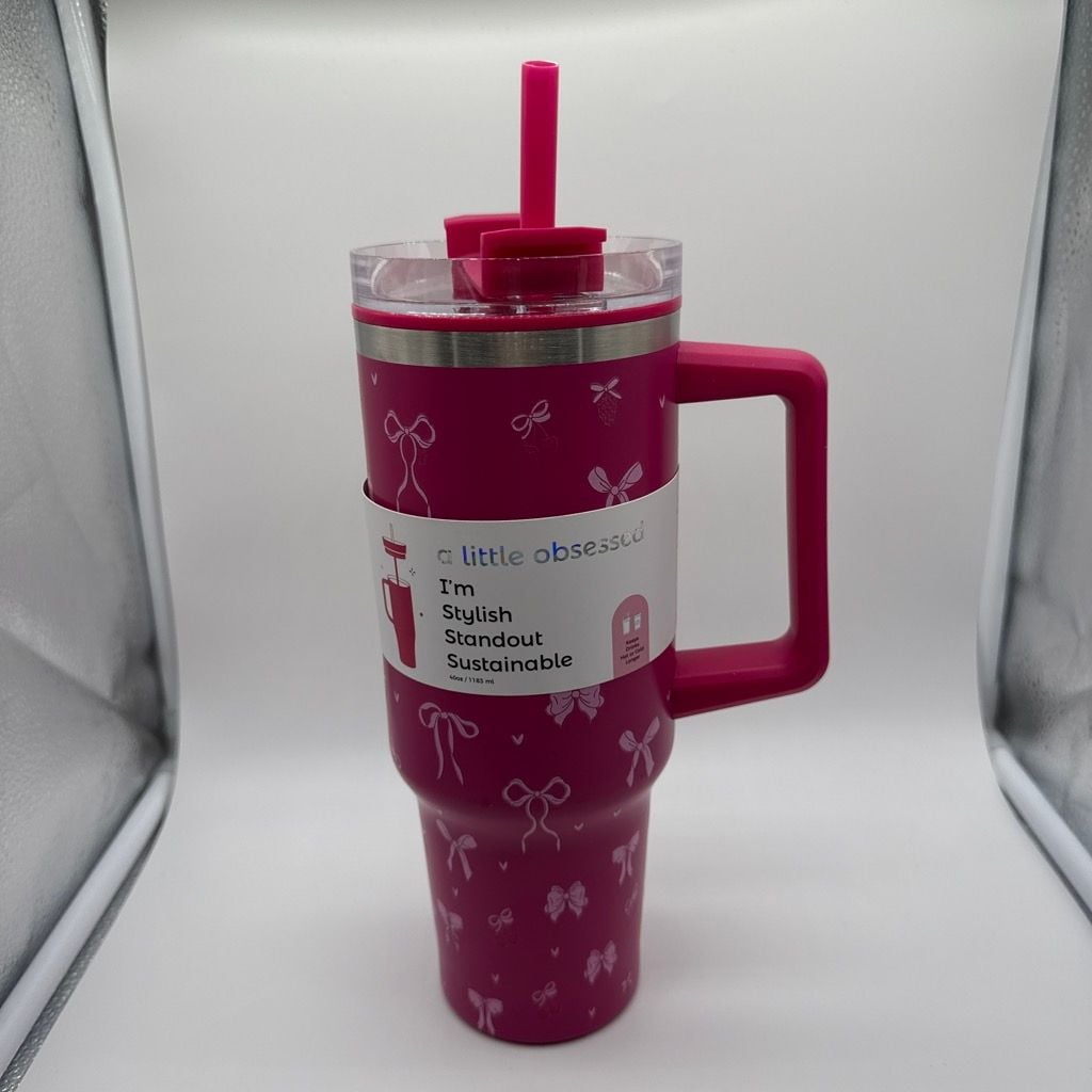 A Little Obsessed 40oz Stainless Steel Insulated Tumbler with Bow Pattern 1
