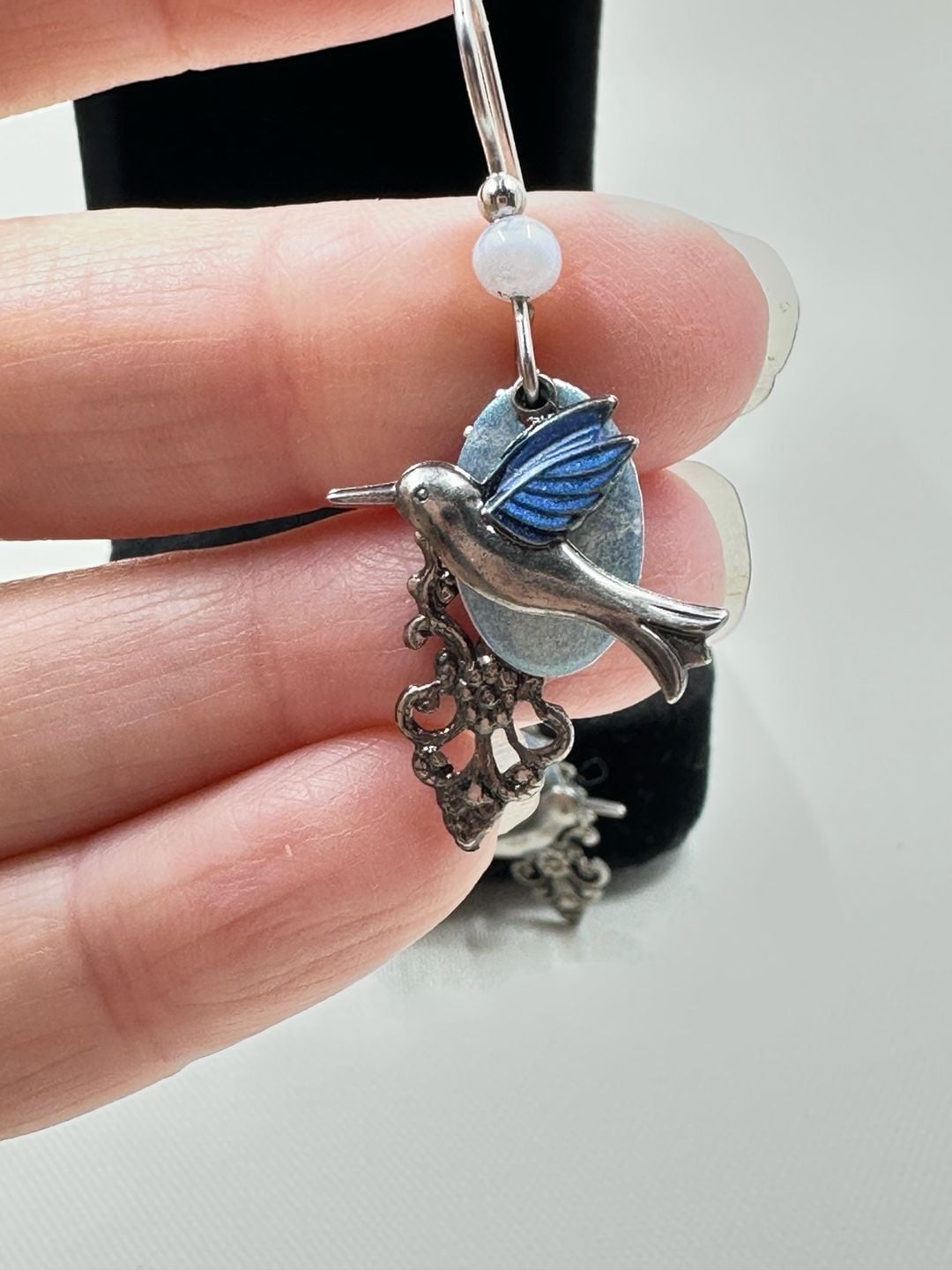 Silver Forest Blue Hummingbird Filigree Drop Earrings 3