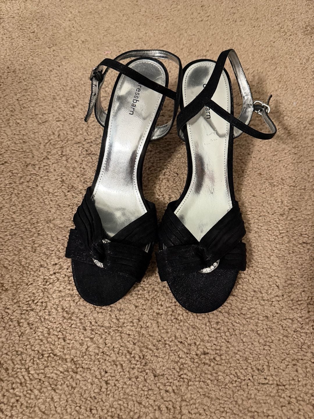 Dressbarn Black Satin Ankle Strap Heels with Rhinestone 9 2