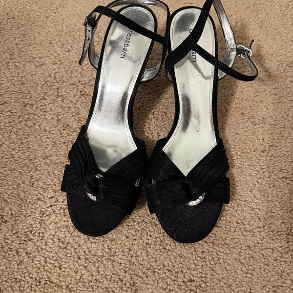 Dressbarn Black Satin Ankle Strap Heels with Rhinestone 9