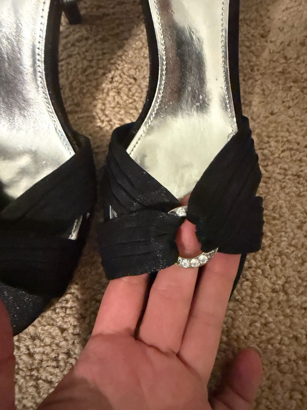 Dressbarn Black Satin Ankle Strap Heels with Rhinestone 9 3
