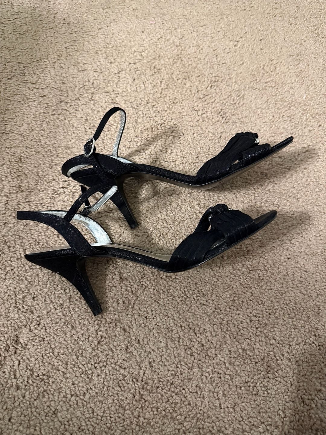 Dressbarn Black Satin Ankle Strap Heels with Rhinestone 9 5
