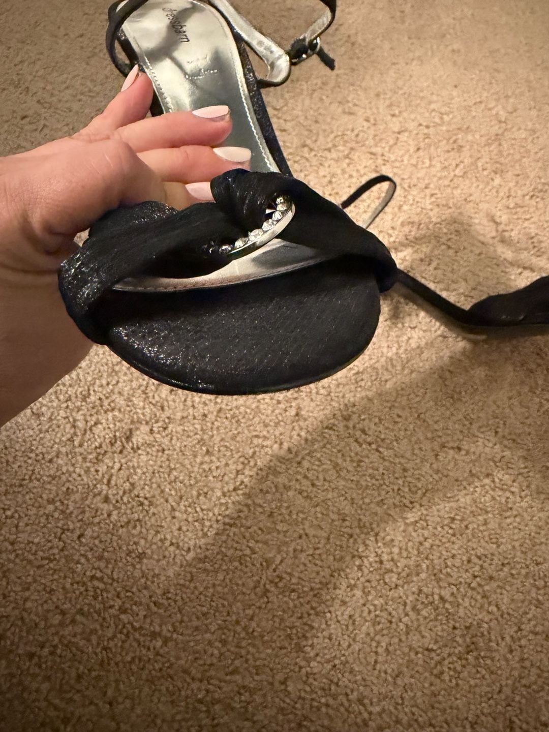 Dressbarn Black Satin Ankle Strap Heels with Rhinestone 9 6