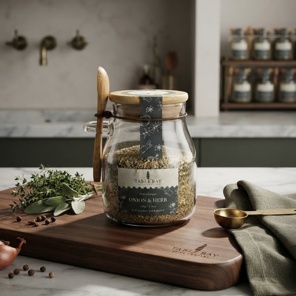 Table Bay Spice Company Onion & Herb Seasoning in Glass Jar with Wooden Spoon