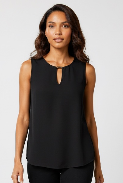 IMNYC Women's Sleeveless Black Keyhole Tank Top with Gold Hardware Detail 2