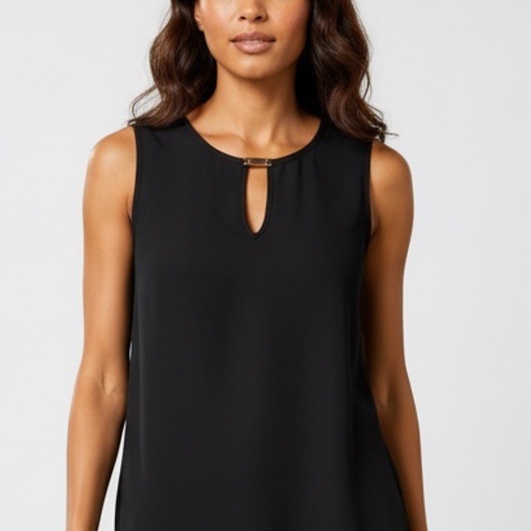 IMNYC Women's Sleeveless Black Keyhole Tank Top with Gold Hardware Detail