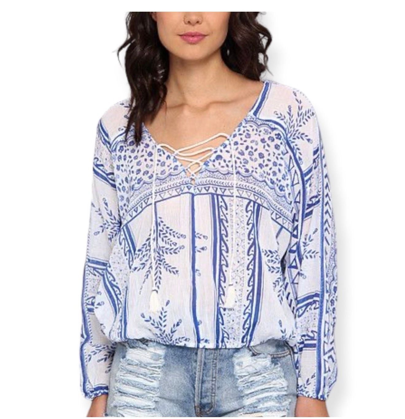 Free People Geo Print Gauzy Peasant Blouse with Lace-Up Neck and Elastic Hem 1
