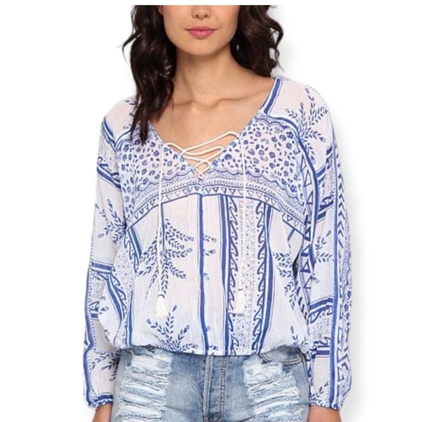 Free People Geo Print Gauzy Peasant Blouse with Lace-Up Neck and Elastic Hem