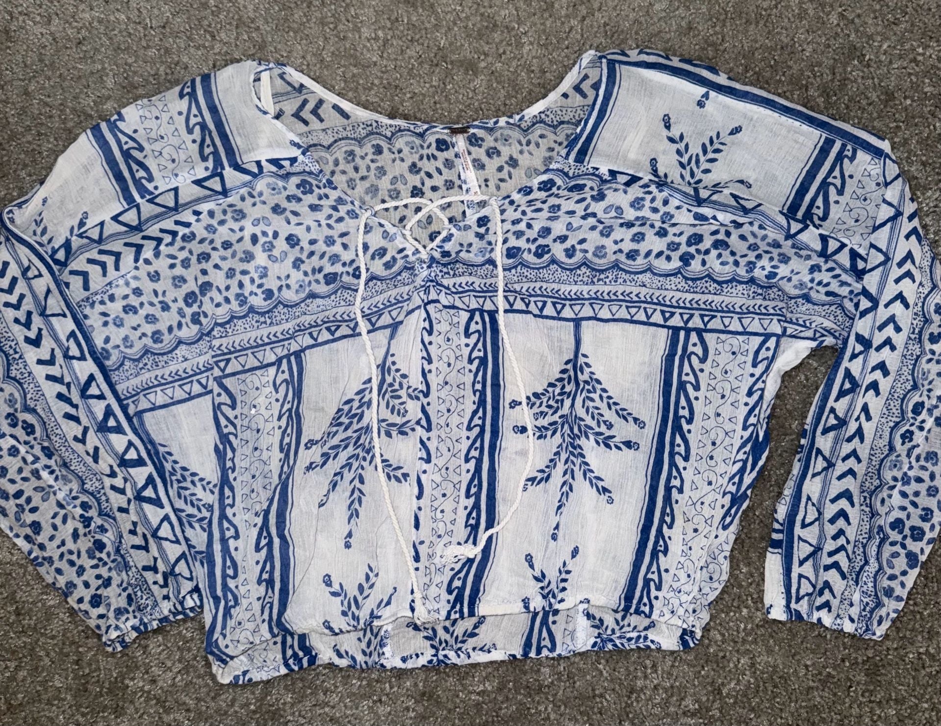 Free People Geo Print Gauzy Peasant Blouse with Lace-Up Neck and Elastic Hem 2