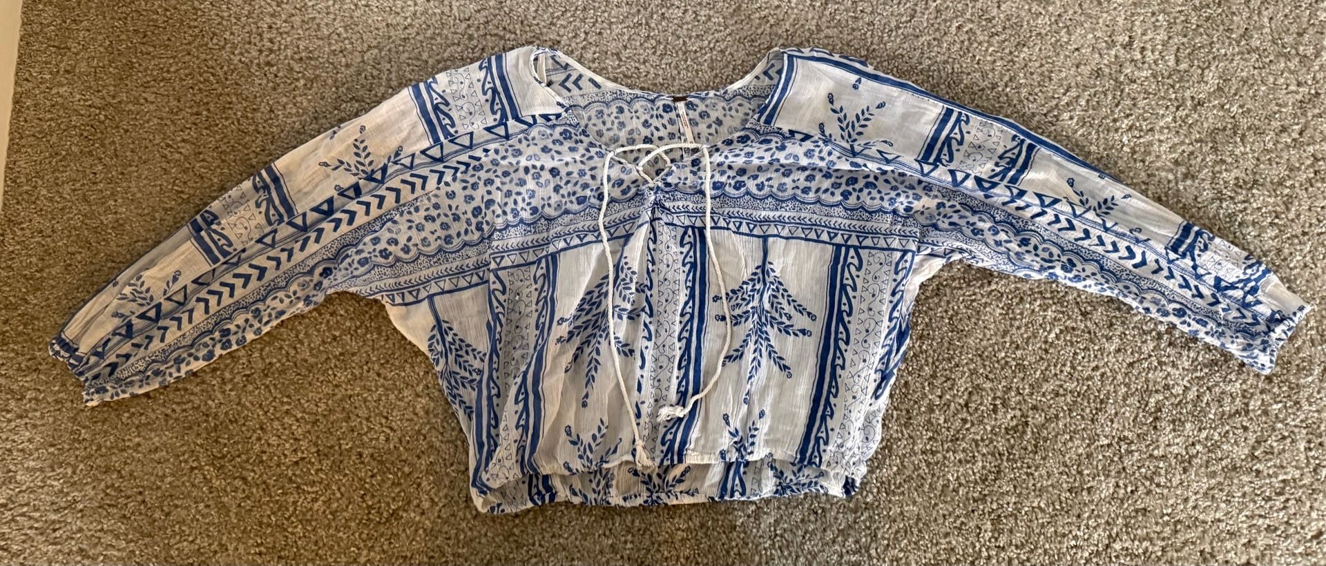 Free People Geo Print Gauzy Peasant Blouse with Lace-Up Neck and Elastic Hem 3