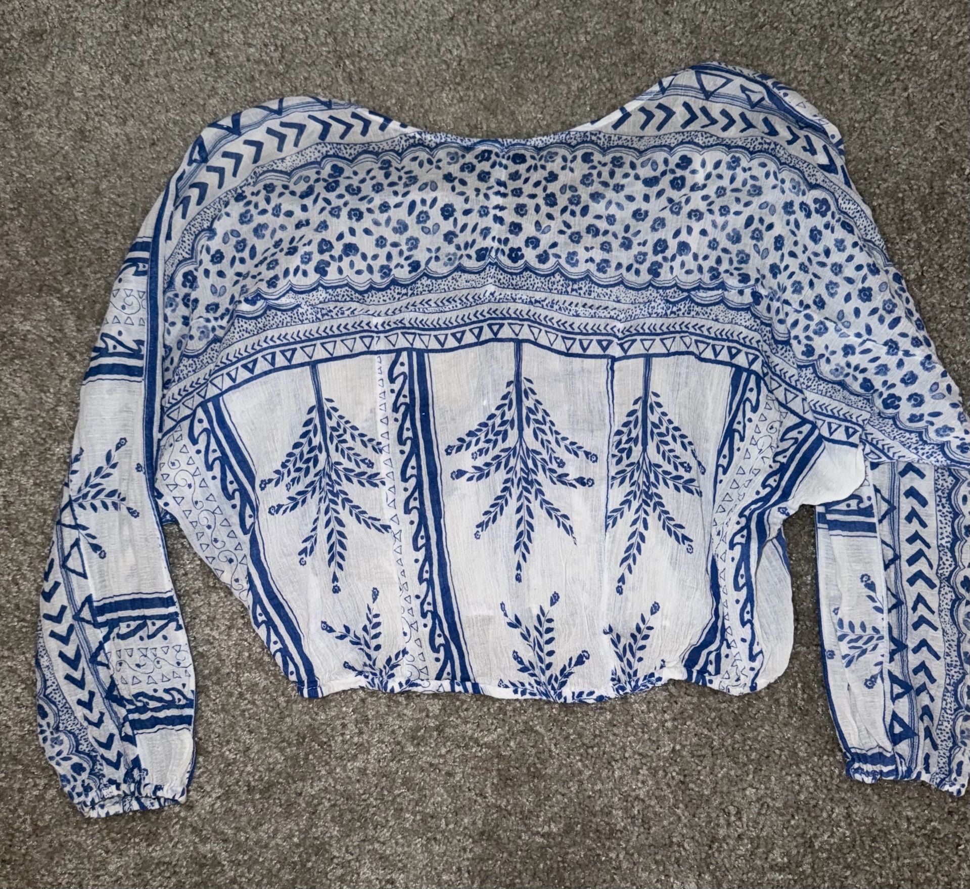 Free People Geo Print Gauzy Peasant Blouse with Lace-Up Neck and Elastic Hem 5