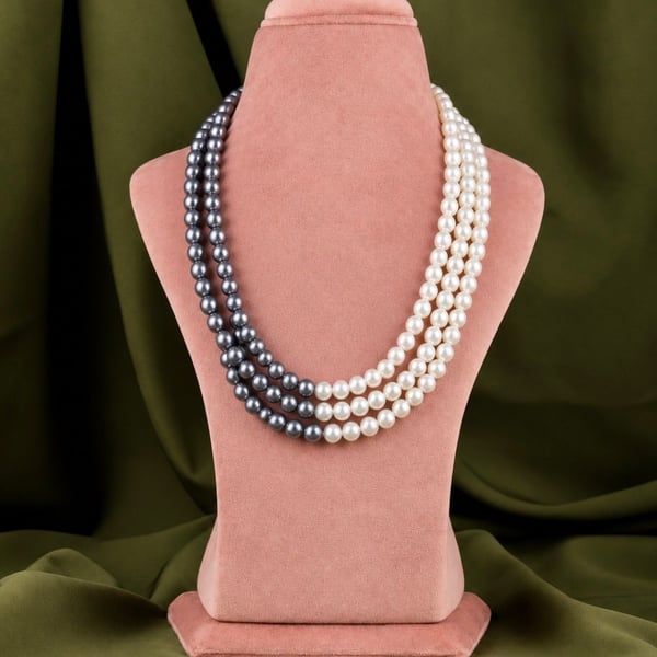 Olivia Jewelry Layered White Gray Pearl Necklace 3 Strand Adjustable Gift Box