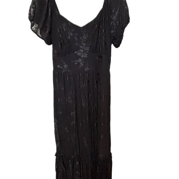 Ember Women's Black Floral Burnout Mesh Puff Sleeve Ruffle Hem Maxi Dress