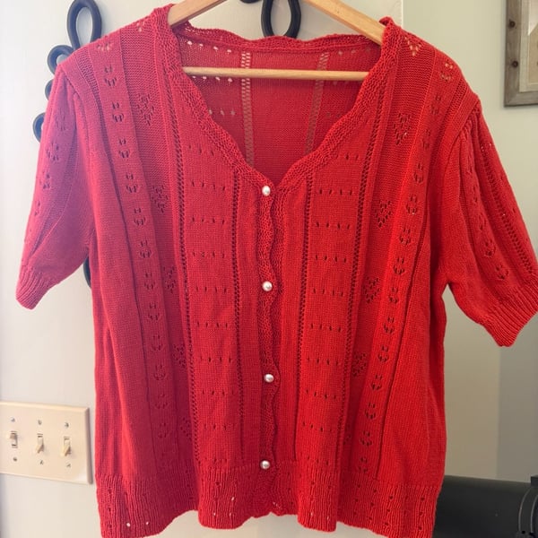 SHEIN Red Short Sleeve Openwork Knit Cardigan with Faux Pearl Buttons
