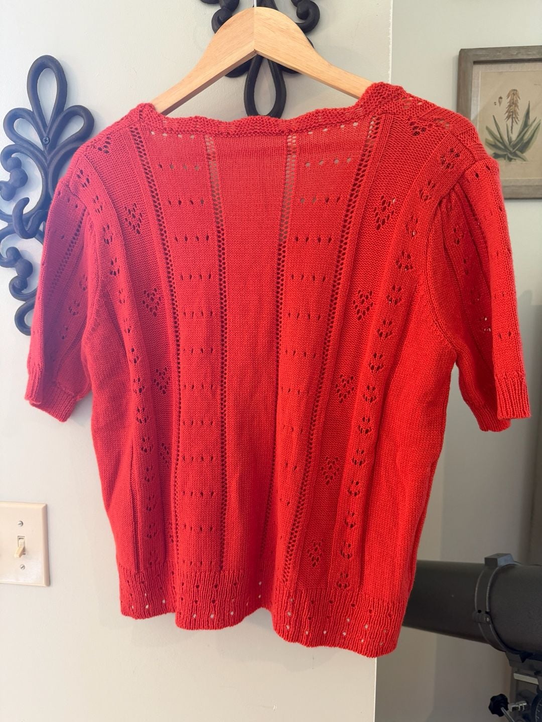 SHEIN Red Short Sleeve Openwork Knit Cardigan with Faux Pearl Buttons 7