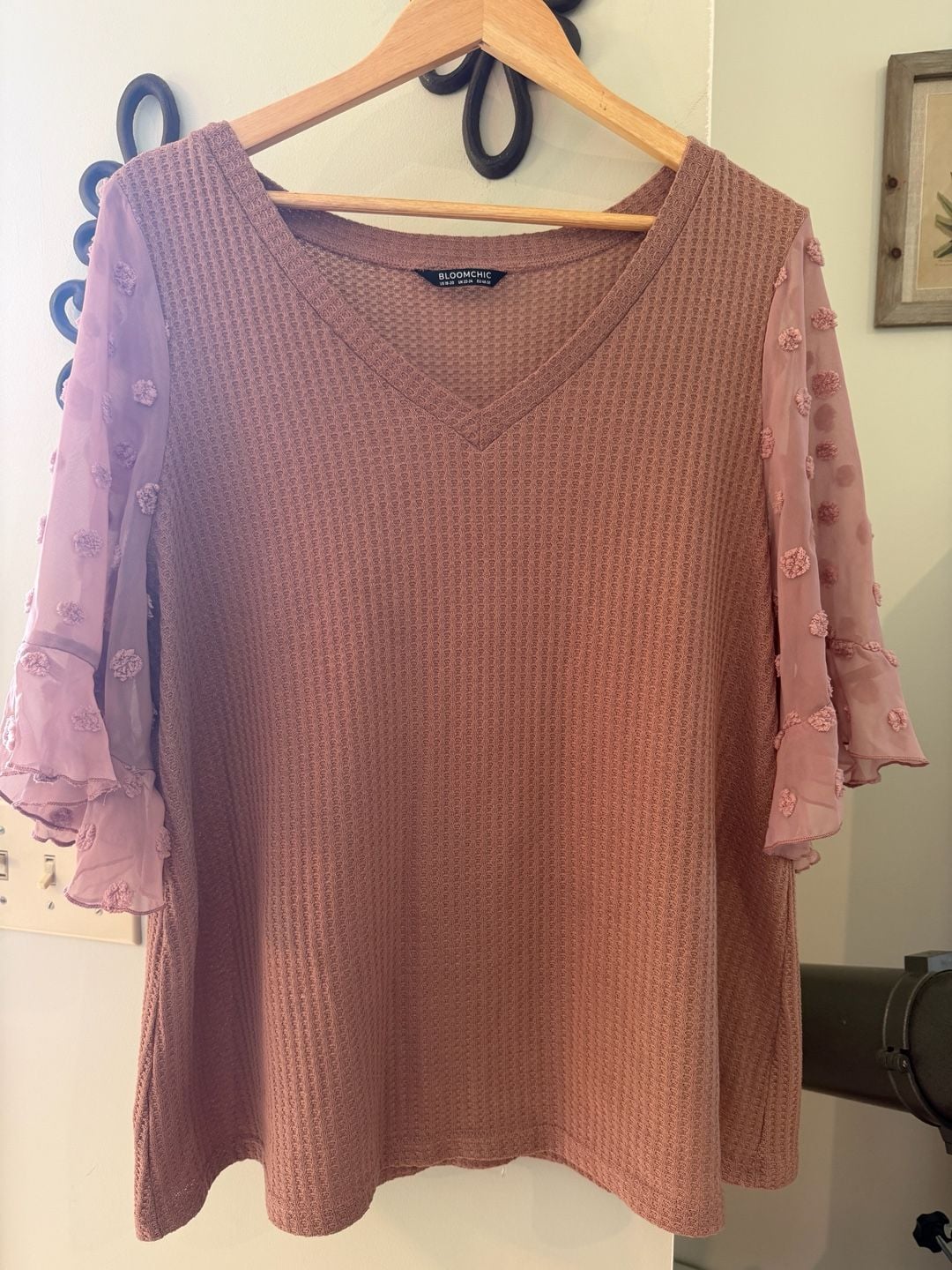 BloomChic Plus Size Dusty Pink Waffle Knit V-Neck Top with Swiss Dot Ruffle Sleeves 2