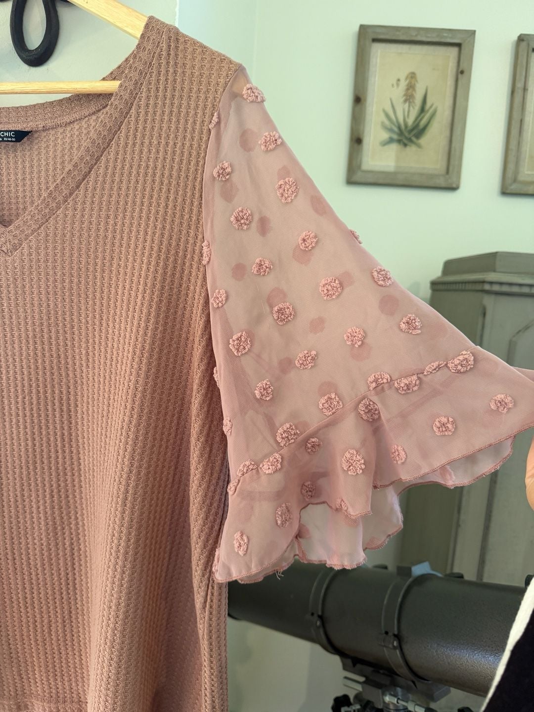 BloomChic Plus Size Dusty Pink Waffle Knit V-Neck Top with Swiss Dot Ruffle Sleeves 4