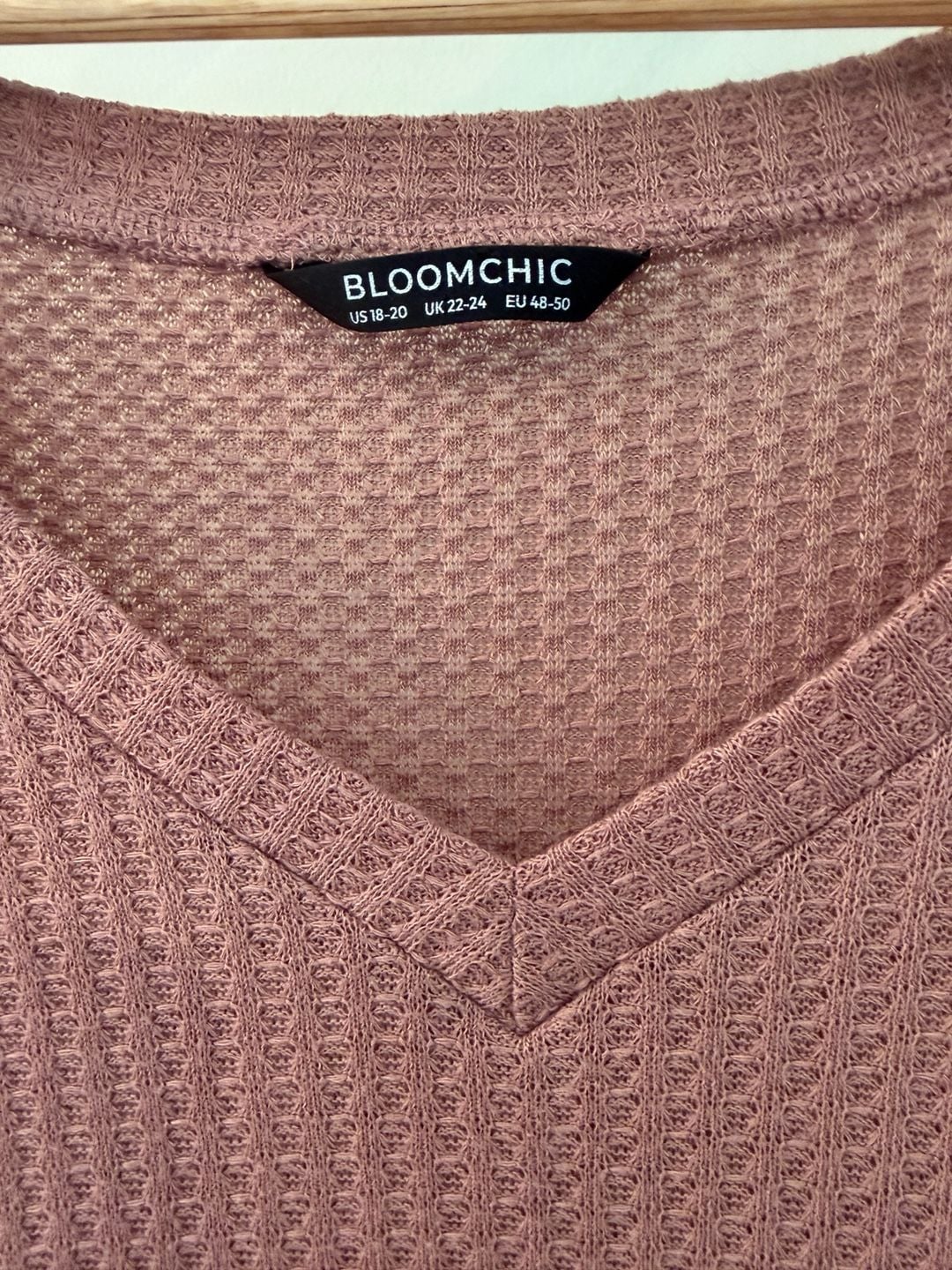 BloomChic Plus Size Dusty Pink Waffle Knit V-Neck Top with Swiss Dot Ruffle Sleeves 5