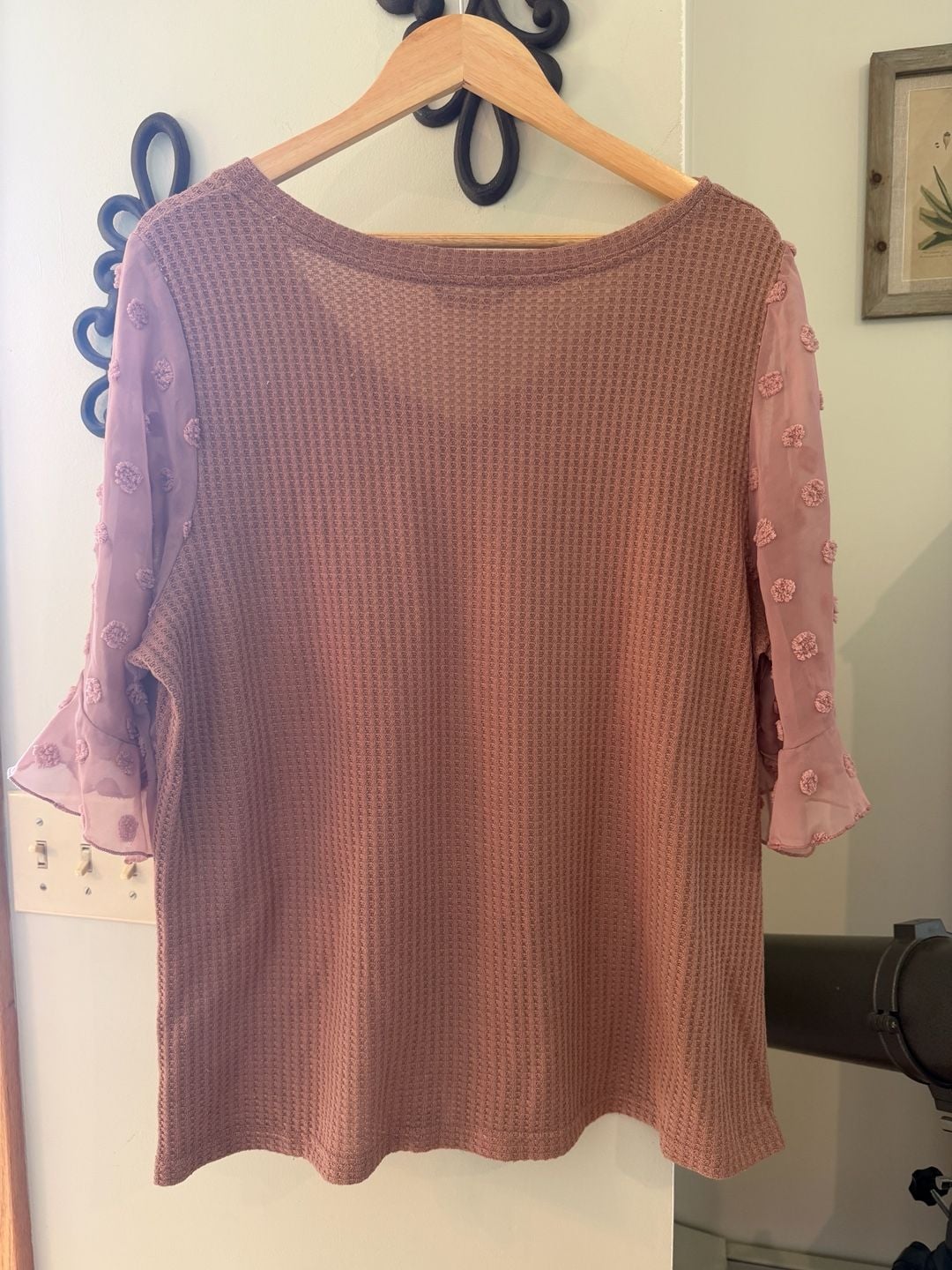 BloomChic Plus Size Dusty Pink Waffle Knit V-Neck Top with Swiss Dot Ruffle Sleeves 8