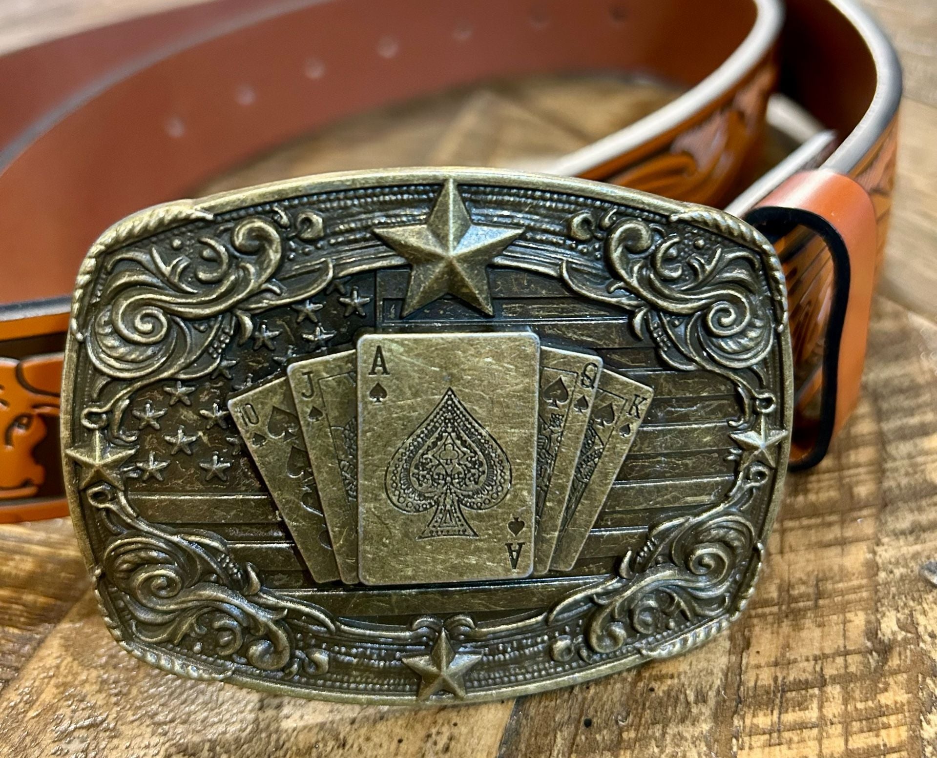 Western Style Poker Card and Bull Embossed Leather Belt 1