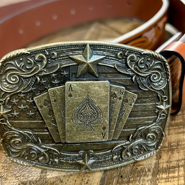 Western Style Poker Card and Bull Embossed Leather Belt